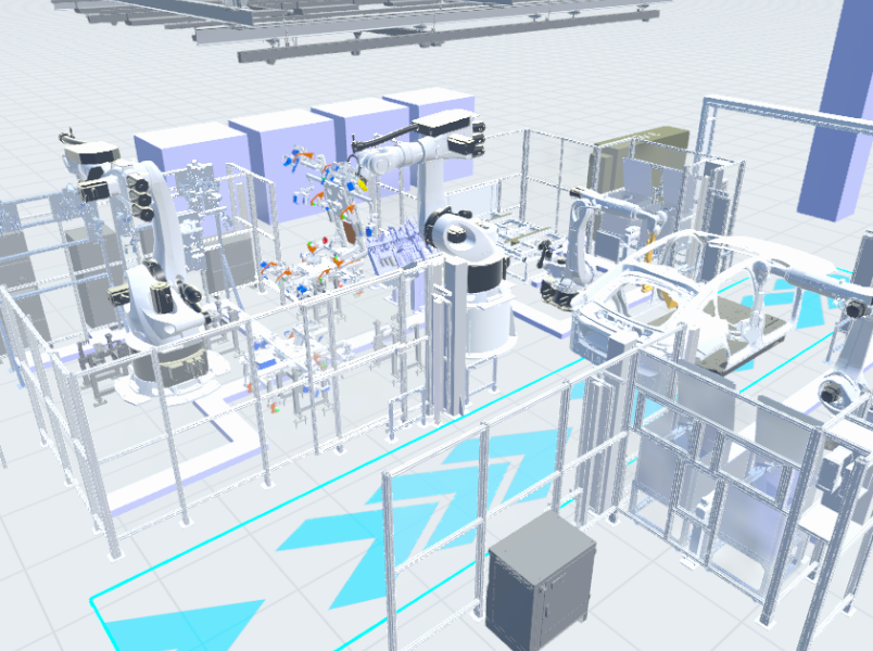 Vehicle door and hood assembly line simulation scene